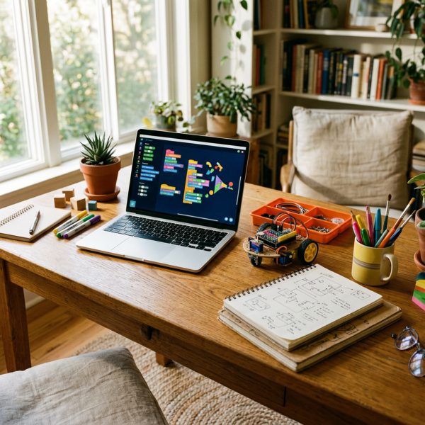 Laptop displaying colorful block-based code beside a small robot and engineering sketches