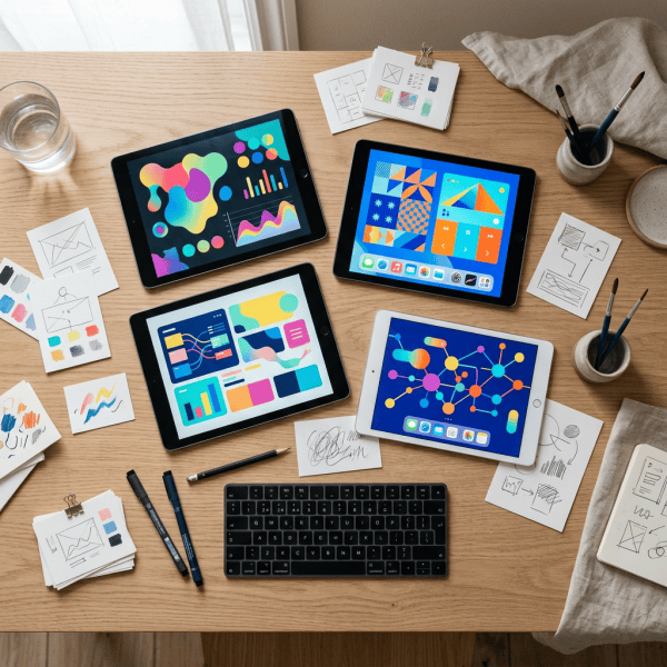 Four tablets displaying colorful graphic designs on a wooden design workspace
