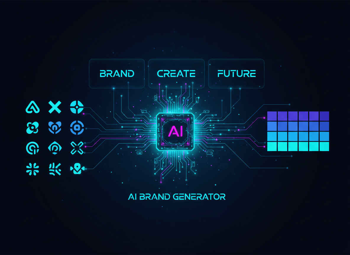 A sleek, modern hero image showing a glowing AI interface generating a brand identity — logo symbols, color palettes, and typography samples emerging from a central AI core. Dark background with vibrant gradient accents in purple, blue, and electric teal. Clean, professional, tech-forward aesthetic with a sense of creativity and automation. Flat-style icons of a logo mark, font specimens, and brand color swatches arranged around a glowing neural network node.