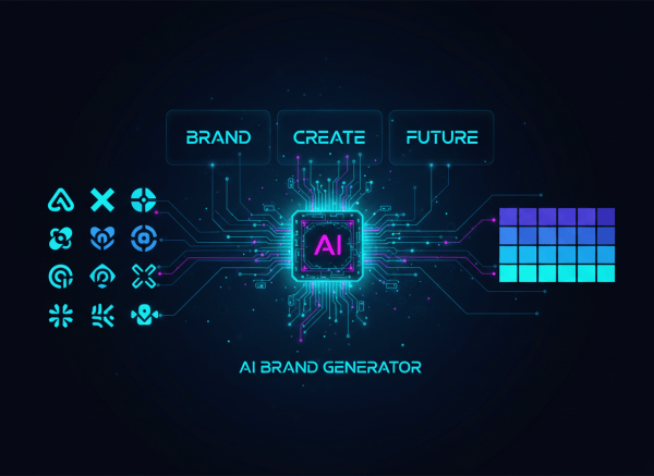 A sleek, modern hero image showing a glowing AI interface generating a brand identity — logo symbols, color palettes, and typography samples emerging from a central AI core. Dark background with vibrant gradient accents in purple, blue, and electric teal. Clean, professional, tech-forward aesthetic with a sense of creativity and automation. Flat-style icons of a logo mark, font specimens, and brand color swatches arranged around a glowing neural network node.