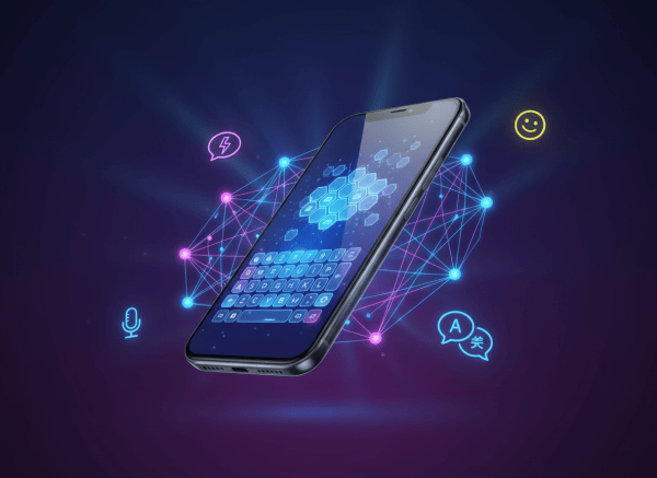 A sleek, modern smartphone floating at a slight angle showing a glowing keyboard on screen, surrounded by subtle AI neural network patterns and glowing nodes. The background is a deep dark blue-to-purple gradient with soft light rays. Small icons representing features like smart replies, emoji, translation, and voice float around the phone. Clean tech aesthetic, vibrant but not cluttered.