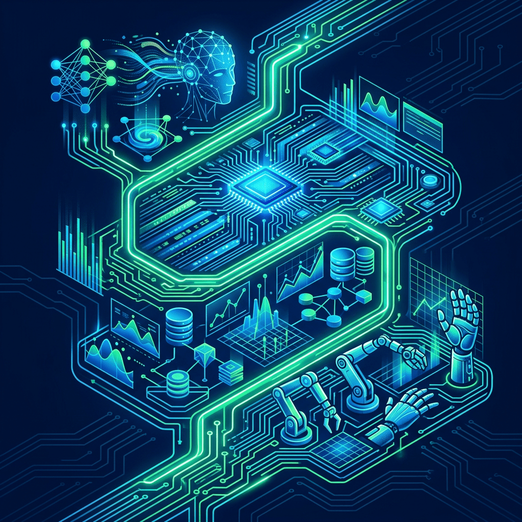 Neon illustration of an AI head, circuit boards, data charts, and robotic hands