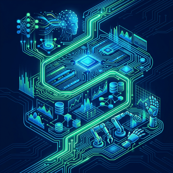 Neon illustration of an AI head, circuit boards, data charts, and robotic hands