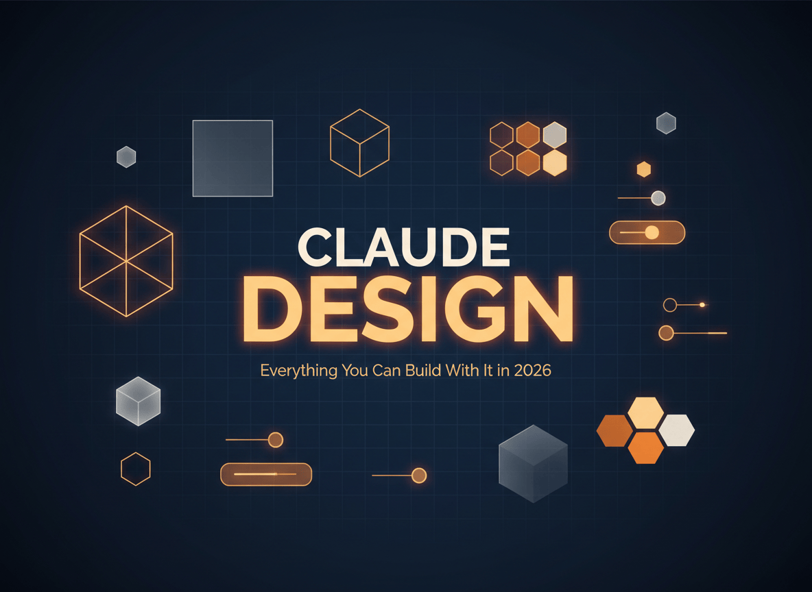 A sleek, modern tech blog featured image for "Claude Design: Everything You Can Build With It in 2026". Dark background with deep navy and midnight blue gradients. Abstract geometric shapes suggesting design tools — wireframes, UI components, color swatches, and grid lines glowing in soft amber/orange and warm white. A subtle Claude-style aesthetic: clean, minimal, intelligent. Bold typography treatment with the word "Design" in large glowing text. Futuristic but approachable, editorial quality, 16:9 format.