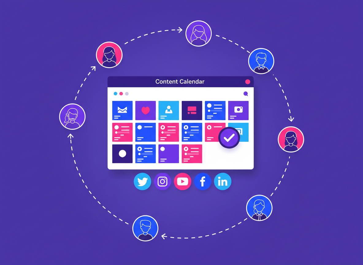 A modern, professional social media marketing illustration. A clean dashboard interface showing a content calendar with colorful post previews and approval checkmarks. Multiple team members represented by avatar icons collaborating around a shared workflow. Visual elements include a checkmark approval badge, social media icons, and a sense of organized teamwork replacing chaos. Color palette: bold purples and blues with white accents. Flat design style with subtle depth. No text overlaid.