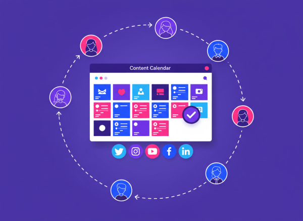 A modern, professional social media marketing illustration. A clean dashboard interface showing a content calendar with colorful post previews and approval checkmarks. Multiple team members represented by avatar icons collaborating around a shared workflow. Visual elements include a checkmark approval badge, social media icons, and a sense of organized teamwork replacing chaos. Color palette: bold purples and blues with white accents. Flat design style with subtle depth. No text overlaid.