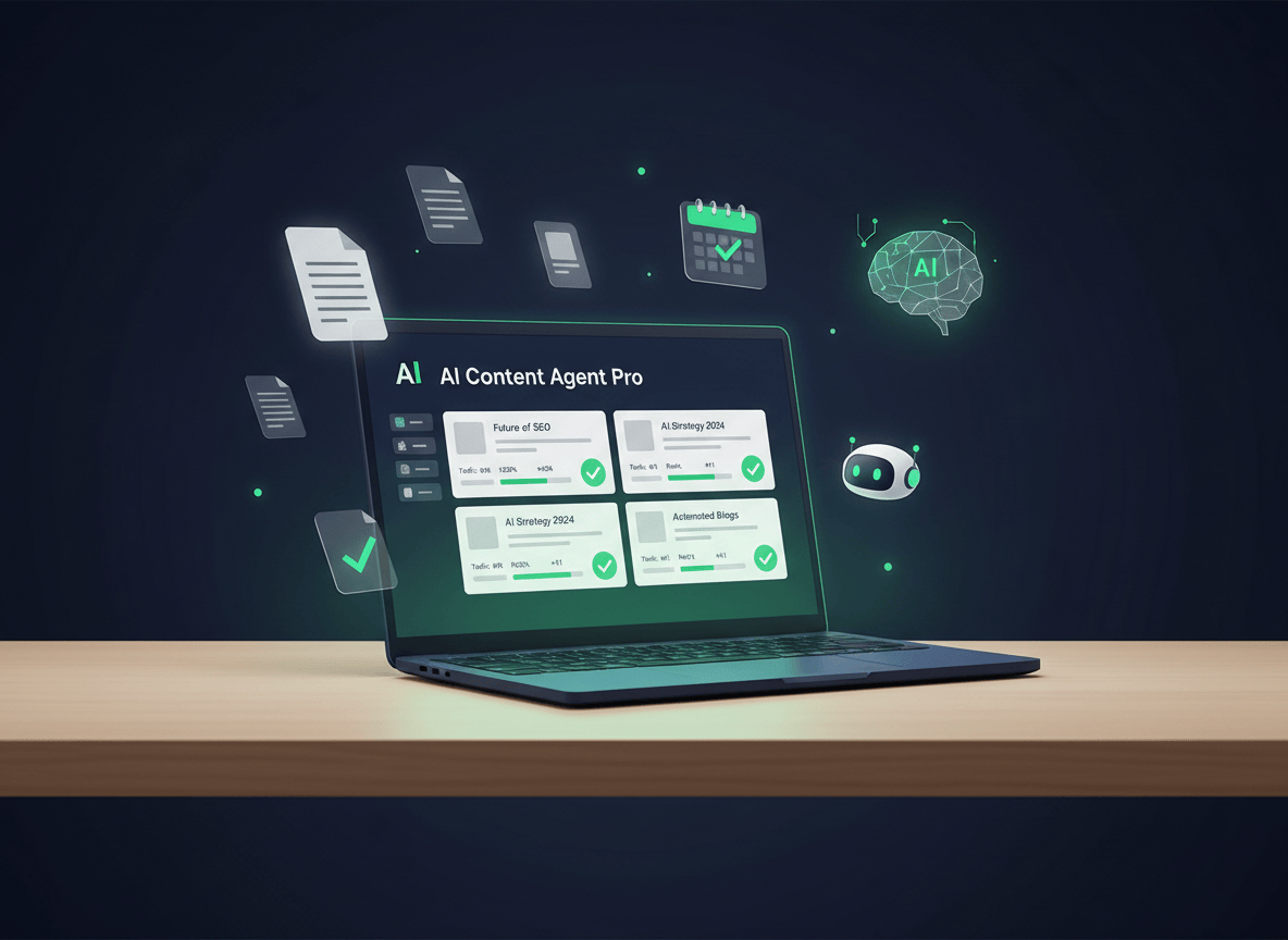 A sleek, modern editorial illustration for a blog post reviewing an AI SEO content agent. Show a clean desk workspace with a glowing laptop screen displaying a content management dashboard with article metrics and checkmarks. Include subtle visual elements suggesting automation and publishing — like floating document icons, a calendar, and a small robot or AI brain icon. Color palette: deep navy blue, white, and accent green. Professional yet approachable tech aesthetic. Wide landscape format suitable for a blog featured image.