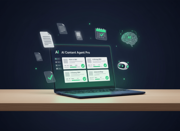 A sleek, modern editorial illustration for a blog post reviewing an AI SEO content agent. Show a clean desk workspace with a glowing laptop screen displaying a content management dashboard with article metrics and checkmarks. Include subtle visual elements suggesting automation and publishing — like floating document icons, a calendar, and a small robot or AI brain icon. Color palette: deep navy blue, white, and accent green. Professional yet approachable tech aesthetic. Wide landscape format suitable for a blog featured image.