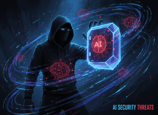 A dramatic, dark cybersecurity-themed illustration showing a hooded hacker figure in shadow, with glowing digital code streams and AI neural network patterns floating around them. The hacker is reaching into a glowing digital vault or token container labeled with an AI symbol. The color palette features deep blues, electric purples, and warning reds against a dark background. The style is modern, editorial, and slightly ominous — suitable for a tech blog post about AI security threats.