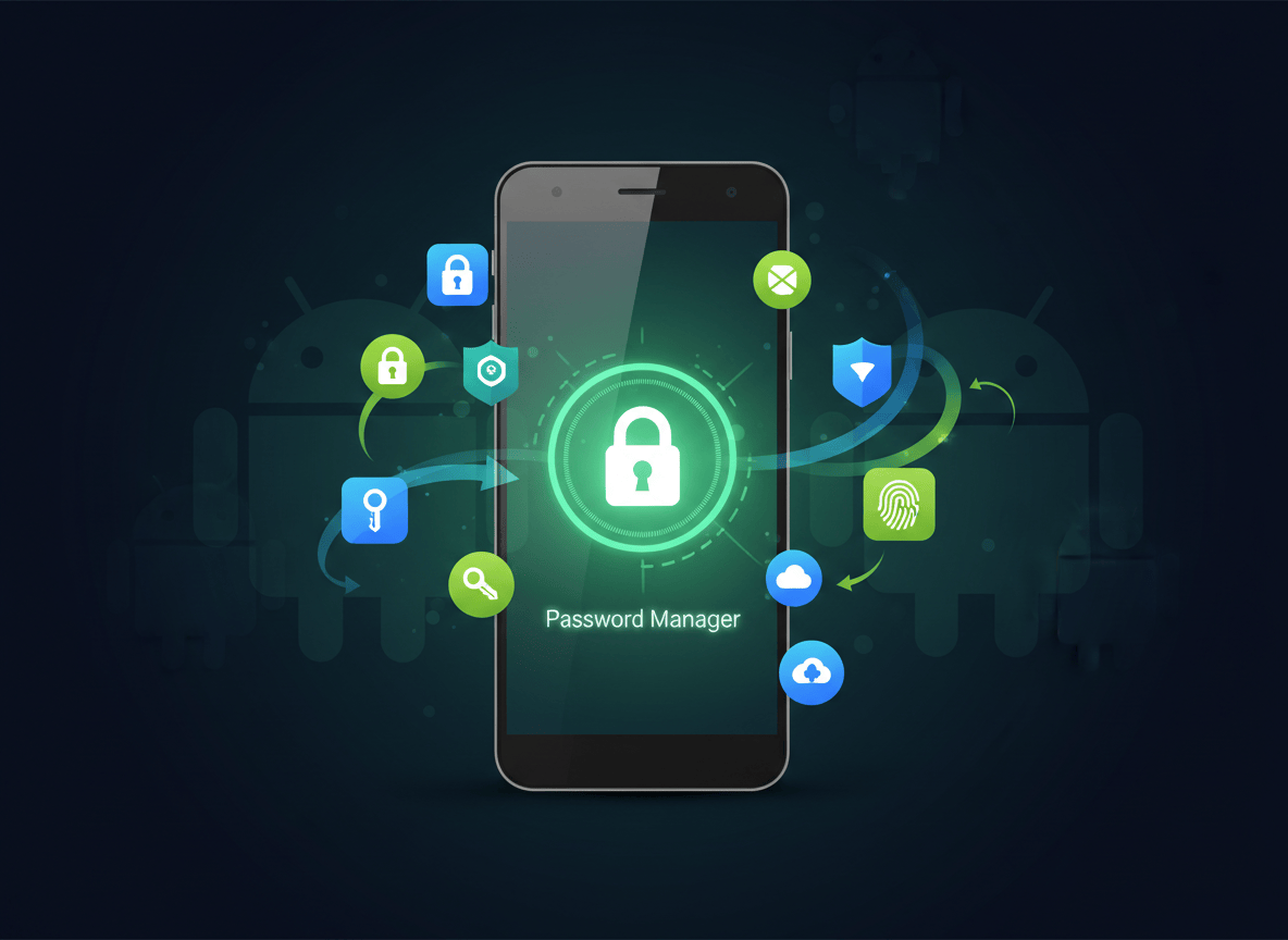 A sleek, modern tech illustration showing an Android smartphone with a glowing lock icon on the screen, surrounded by floating password manager app icons transitioning smoothly between each other with swooping arrows. The background is a dark gradient with subtle green Android robot silhouette. Clean, professional look with vibrant green and blue accent colors suggesting seamless digital migration and security.