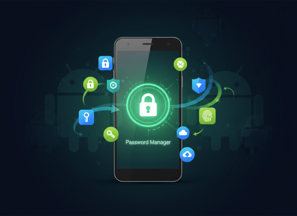 A sleek, modern tech illustration showing an Android smartphone with a glowing lock icon on the screen, surrounded by floating password manager app icons transitioning smoothly between each other with swooping arrows. The background is a dark gradient with subtle green Android robot silhouette. Clean, professional look with vibrant green and blue accent colors suggesting seamless digital migration and security.