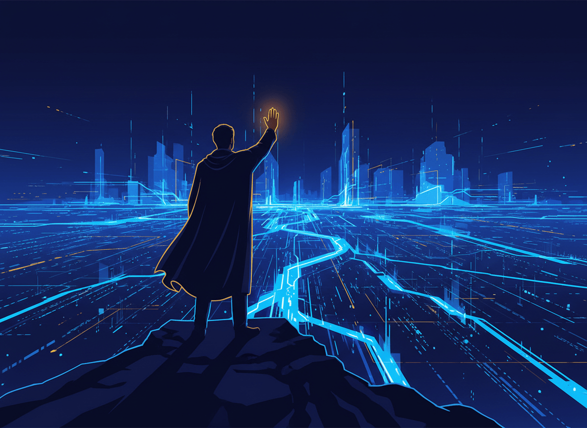 A dramatic, cinematic illustration of a lone figure standing at the edge of a vast glowing frontier — like a technological horizon stretching infinitely ahead, with streams of data and light racing forward. The figure holds up a hand, signaling pause. The color palette is deep navy and electric blue, with warm amber accents suggesting caution. The mood is thoughtful and weighty, not fearful — more like wisdom meeting power. Minimalist and editorial in style, suitable for a long-form essay or op-ed blog post.