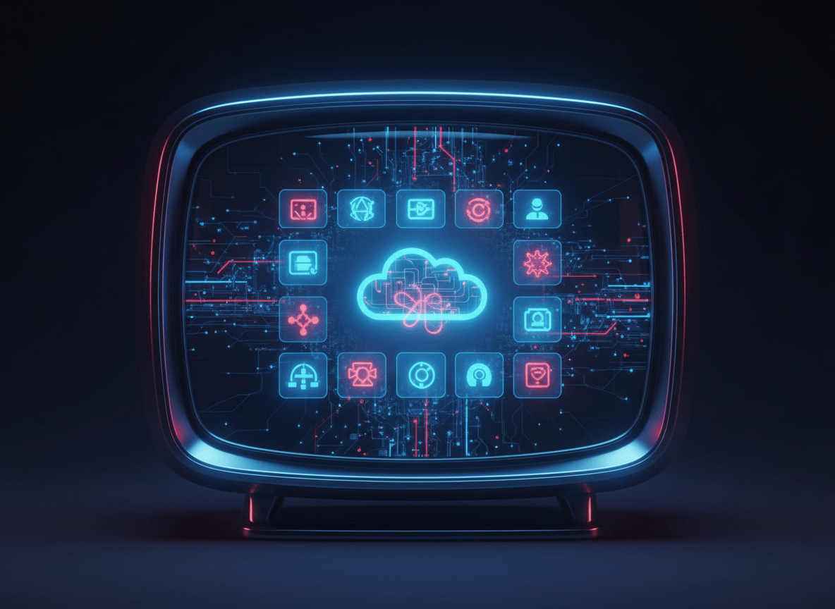 A sleek, futuristic illustration of an old television or monitor screen glowing with a modern cloud interface on its display, showing a digital desktop with app icons and a cloud symbol. The scene features the Reliance Jio brand colors — deep blue and vibrant red — with subtle glowing light effects. In the background, faint circuit patterns and a cloud infrastructure network suggest the technology behind it. The composition feels bold and tech-forward, with a cinematic wide-screen format. No text in the image.