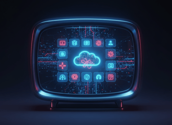 A sleek, futuristic illustration of an old television or monitor screen glowing with a modern cloud interface on its display, showing a digital desktop with app icons and a cloud symbol. The scene features the Reliance Jio brand colors — deep blue and vibrant red — with subtle glowing light effects. In the background, faint circuit patterns and a cloud infrastructure network suggest the technology behind it. The composition feels bold and tech-forward, with a cinematic wide-screen format. No text in the image.