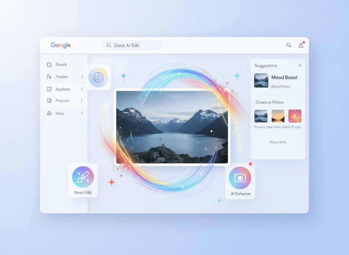 A sleek, modern tech illustration showing a glowing Google-style interface with AI-powered image editing tools integrated into a document editor. Clean white and blue UI panels with colorful AI magic effects — sparkles, gradient overlays, and smart editing tools floating around a photo being edited. Google's signature color palette (red, blue, yellow, green) subtly present. Professional and polished, digital art style.