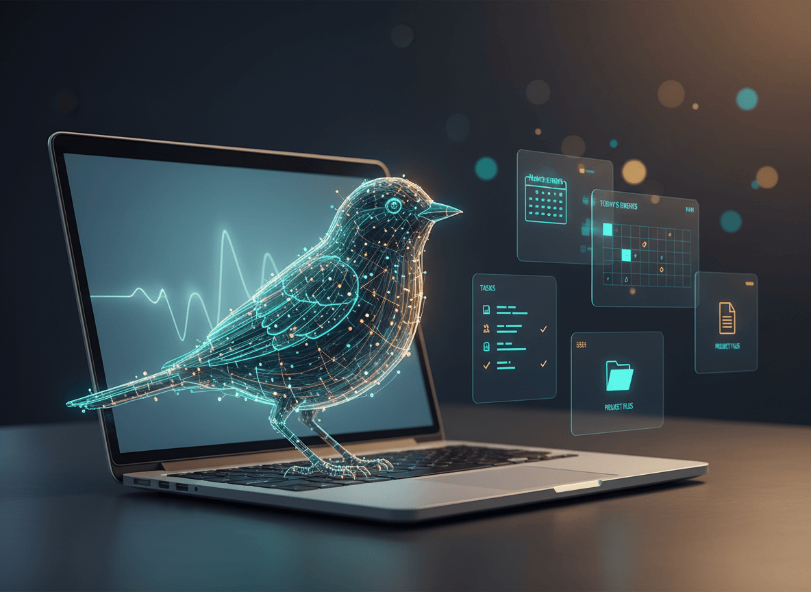 A sleek, modern featured image for a tech blog post reviewing an AI assistant called "Littlebird AI." The scene shows a glowing digital bird (like a small songbird made of light and circuitry) perched on a desk beside an open laptop, with holographic UI elements floating nearby suggesting calendar events, tasks, and documents — things the AI already knows about. The color palette is deep navy blue and soft electric teal with warm amber accents. The style is clean, editorial, and professional — like a high-quality tech publication cover. Subtle bokeh or soft gradient background. No text overlay.