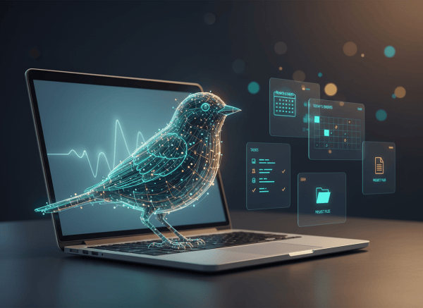A sleek, modern featured image for a tech blog post reviewing an AI assistant called "Littlebird AI." The scene shows a glowing digital bird (like a small songbird made of light and circuitry) perched on a desk beside an open laptop, with holographic UI elements floating nearby suggesting calendar events, tasks, and documents — things the AI already knows about. The color palette is deep navy blue and soft electric teal with warm amber accents. The style is clean, editorial, and professional — like a high-quality tech publication cover. Subtle bokeh or soft gradient background. No text overlay.
