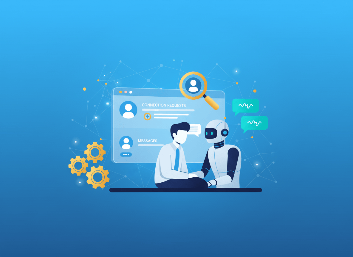 A sleek, professional featured image for a blog post reviewing "Reach MCP" — an AI tool for LinkedIn prospecting. The image should convey human-AI collaboration and professional networking. Visual style: modern, tech-forward, clean. Show a stylized LinkedIn-blue background with a subtle network/connection graph overlay. In the foreground, an AI assistant icon or robot silhouette working alongside a professional person (depicted as a simple illustrated figure), both looking at a laptop or phone screen showing a LinkedIn-style interface with connection requests and messages. Include subtle elements like gears, chat bubbles, and a magnifying glass to represent prospecting and automation. Color palette: LinkedIn blue (#0077B5), white, and a warm accent like gold or teal. Text on the image: none — purely visual. High quality, editorial blog illustration style.