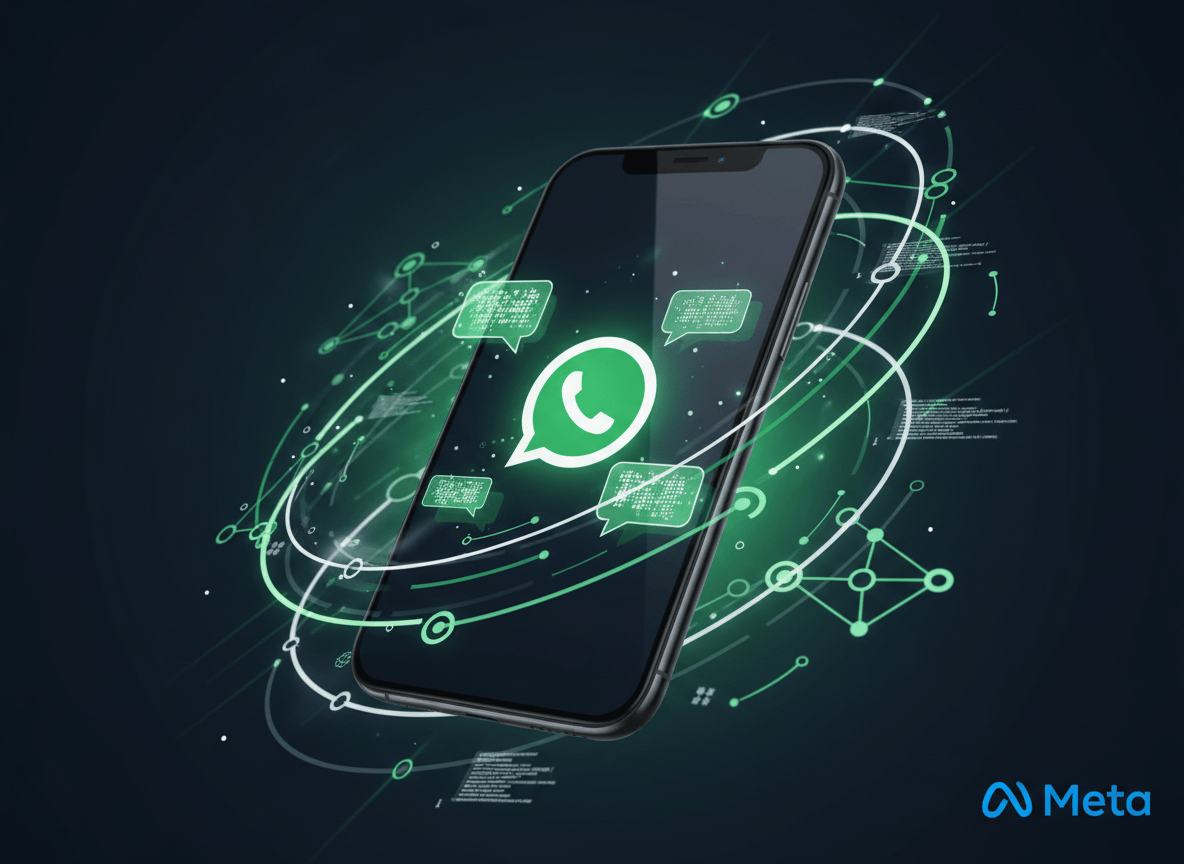 A sleek, modern tech blog featured image. A smartphone displaying the WhatsApp logo with glowing green chat bubbles, surrounded by floating code elements, API connection nodes, and a subtle Meta logo watermark. Dark navy background with green and white accents. Clean, professional aesthetic with a hint of developer/tech culture. The composition feels like a bridge between business communication and developer tools.