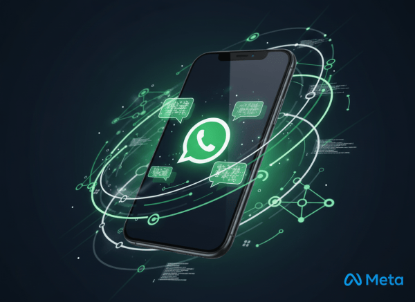 A sleek, modern tech blog featured image. A smartphone displaying the WhatsApp logo with glowing green chat bubbles, surrounded by floating code elements, API connection nodes, and a subtle Meta logo watermark. Dark navy background with green and white accents. Clean, professional aesthetic with a hint of developer/tech culture. The composition feels like a bridge between business communication and developer tools.