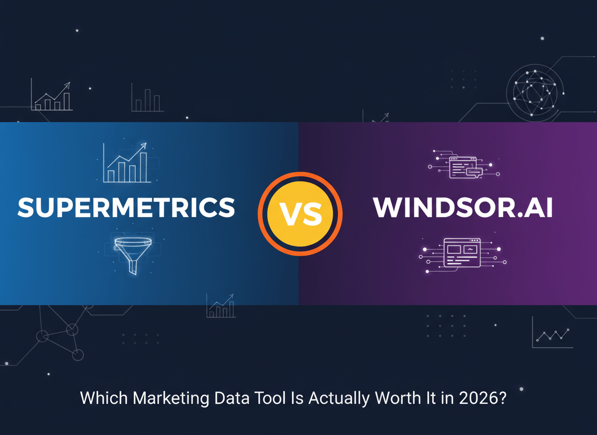 A clean, professional blog featured image for a marketing data tools comparison article. Split composition: left side labeled "Supermetrics" with a bold blue tone, right side labeled "Windsor.ai" with a deep purple tone, separated by a centered "VS" badge in bright orange or yellow. Background is a dark navy with subtle data visualization elements like bar charts, funnel icons, and flowing data lines. Modern, tech-forward aesthetic. Text overlay: "Which Marketing Data Tool Is Actually Worth It in 2026?" in clean sans-serif white font at the bottom. 16:9 landscape format.
