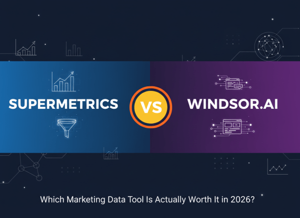 A clean, professional blog featured image for a marketing data tools comparison article. Split composition: left side labeled "Supermetrics" with a bold blue tone, right side labeled "Windsor.ai" with a deep purple tone, separated by a centered "VS" badge in bright orange or yellow. Background is a dark navy with subtle data visualization elements like bar charts, funnel icons, and flowing data lines. Modern, tech-forward aesthetic. Text overlay: "Which Marketing Data Tool Is Actually Worth It in 2026?" in clean sans-serif white font at the bottom. 16:9 landscape format.