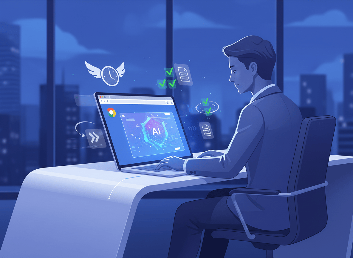 A sleek, modern illustration of a professional office worker at a laptop with Chrome browser open, with an AI assistant interface glowing on screen. The aesthetic is clean and corporate but dynamic — showing productivity and efficiency. Include subtle visual elements like floating time-saving icons, a clock, checkmarks, and document icons around the laptop. Cool blue and purple tones with white accents. Professional, polished, slightly futuristic feel.