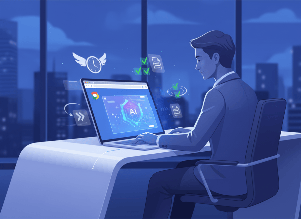A sleek, modern illustration of a professional office worker at a laptop with Chrome browser open, with an AI assistant interface glowing on screen. The aesthetic is clean and corporate but dynamic — showing productivity and efficiency. Include subtle visual elements like floating time-saving icons, a clock, checkmarks, and document icons around the laptop. Cool blue and purple tones with white accents. Professional, polished, slightly futuristic feel.