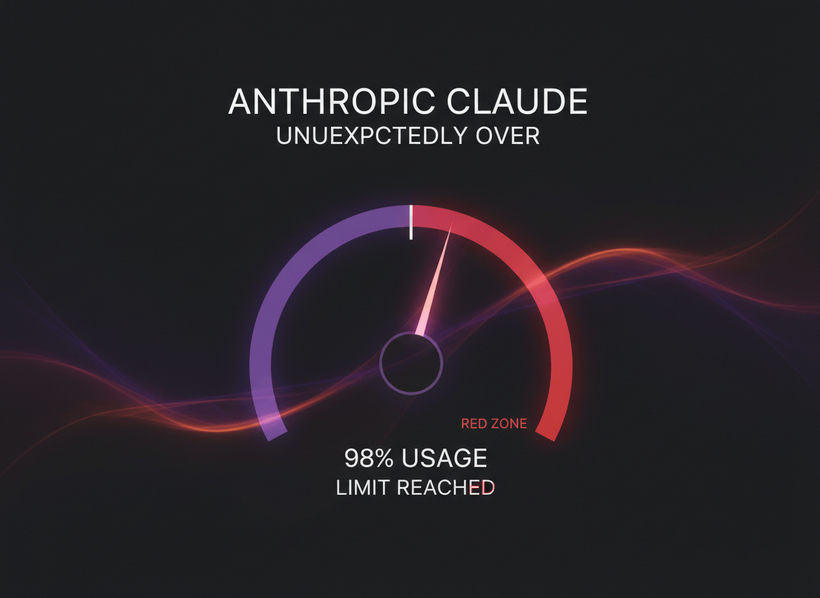 A sleek, modern tech blog featured image. A digital dashboard or meter gauge showing usage limits, with a glowing dial nearly hitting the red zone. Dark background with purple and orange accent colors — nodding to Anthropic's Claude branding. Clean typography space at the top or bottom. Moody, slightly dramatic lighting. Minimalist but visually striking. The mood: "you've hit your limit and didn't see it coming."