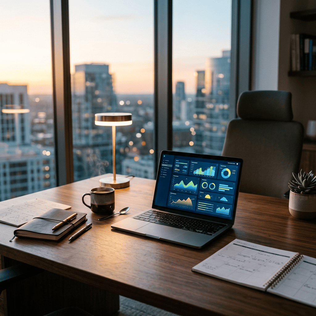 Laptop showing analytics dashboards on desk overlooking city skyline
