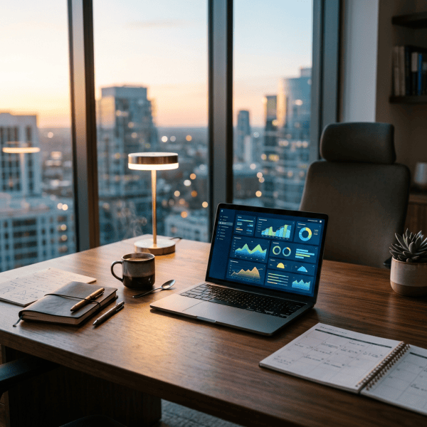 Laptop showing analytics dashboards on desk overlooking city skyline