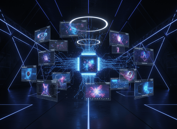 A sleek, futuristic tech review featured image. A glowing neural network or AI chip at the center, surrounded by multiple floating video film frames and holographic UI panels representing different AI video models. Deep dark background with electric blue and violet accent lighting. The composition feels like a high-end production studio meets cutting-edge AI lab — professional, cinematic, and slightly intimidating in scale. Clean, modern aesthetic suitable for a tech blog post.