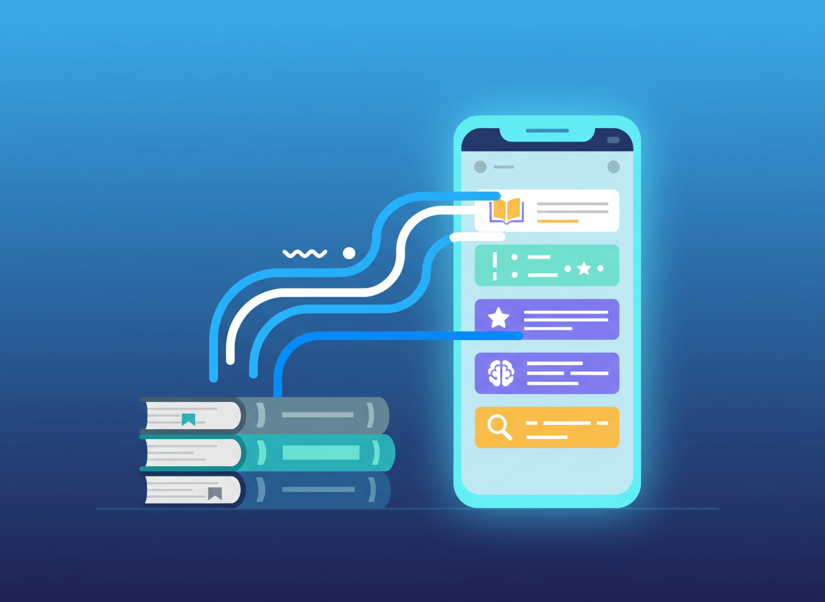 A stylish, modern flat-design illustration showing a stack of physical books transforming into a glowing smartphone screen displaying a scrollable social-media-style feed. The feed cards contain study notes, highlights, and summaries. Soft gradient background in deep navy and electric blue. Clean typography aesthetic. The mood is smart, digital, and slightly futuristic — like learning meets TikTok. No text or labels in the image.