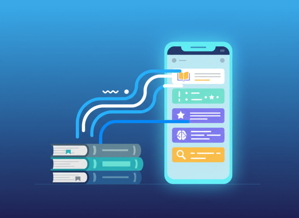 A stylish, modern flat-design illustration showing a stack of physical books transforming into a glowing smartphone screen displaying a scrollable social-media-style feed. The feed cards contain study notes, highlights, and summaries. Soft gradient background in deep navy and electric blue. Clean typography aesthetic. The mood is smart, digital, and slightly futuristic — like learning meets TikTok. No text or labels in the image.