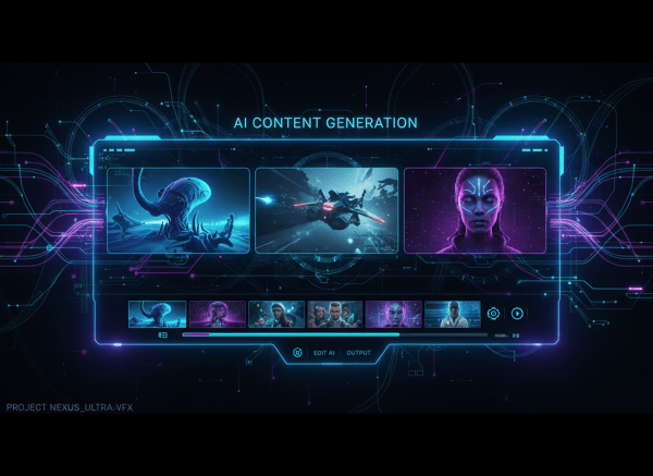 A sleek, futuristic digital illustration showing an AI computer interface generating video content. A glowing screen displays cinematic video frames being created by artificial intelligence, with flowing data streams, neural network patterns, and video timeline elements. The color palette features deep blues, purples, and electric teals with bright accent highlights. Modern tech aesthetic, clean and professional, cinematic quality.