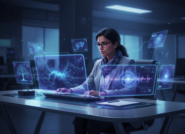 Editorial featured image for a blog post about the Perplexity Research Fellowship 2026. Modern, professional technology and research theme: a diverse researcher working at a desk with multiple glowing AI research visualizations, abstract neural network diagrams, elegant deep blue and electric violet palette with subtle cyan accents, clean composition with generous negative space, premium magazine-style editorial illustration, no readable text, no logos, no dollar amounts, no brand marks.