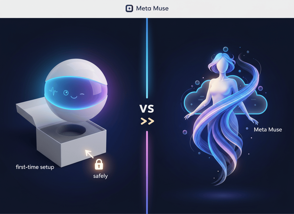 A polished editorial featured image for a technology blog post titled “OpenAI Dots vs Meta Muse: What They Do and How to Set Up Your First Dot Safely.” Show a clean visual comparison between two distinct AI assistant concepts: on one side a small friendly AI dot device with subtle glowing interface elements, on the other side a sleek abstract AI muse represented by creative flowing light and an intelligent digital presence. Include a clear visual sense of comparison, safety, and first-time setup. Modern, trustworthy, approachable technology journalism aesthetic; deep navy, electric blue, soft violet, and warm white; no logos, no brand names, no readable text, no people, landscape composition with strong focal point and space for headline overlay.