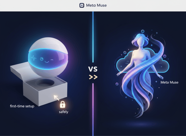 A polished editorial featured image for a technology blog post titled “OpenAI Dots vs Meta Muse: What They Do and How to Set Up Your First Dot Safely.” Show a clean visual comparison between two distinct AI assistant concepts: on one side a small friendly AI dot device with subtle glowing interface elements, on the other side a sleek abstract AI muse represented by creative flowing light and an intelligent digital presence. Include a clear visual sense of comparison, safety, and first-time setup. Modern, trustworthy, approachable technology journalism aesthetic; deep navy, electric blue, soft violet, and warm white; no logos, no brand names, no readable text, no people, landscape composition with strong focal point and space for headline overlay.
