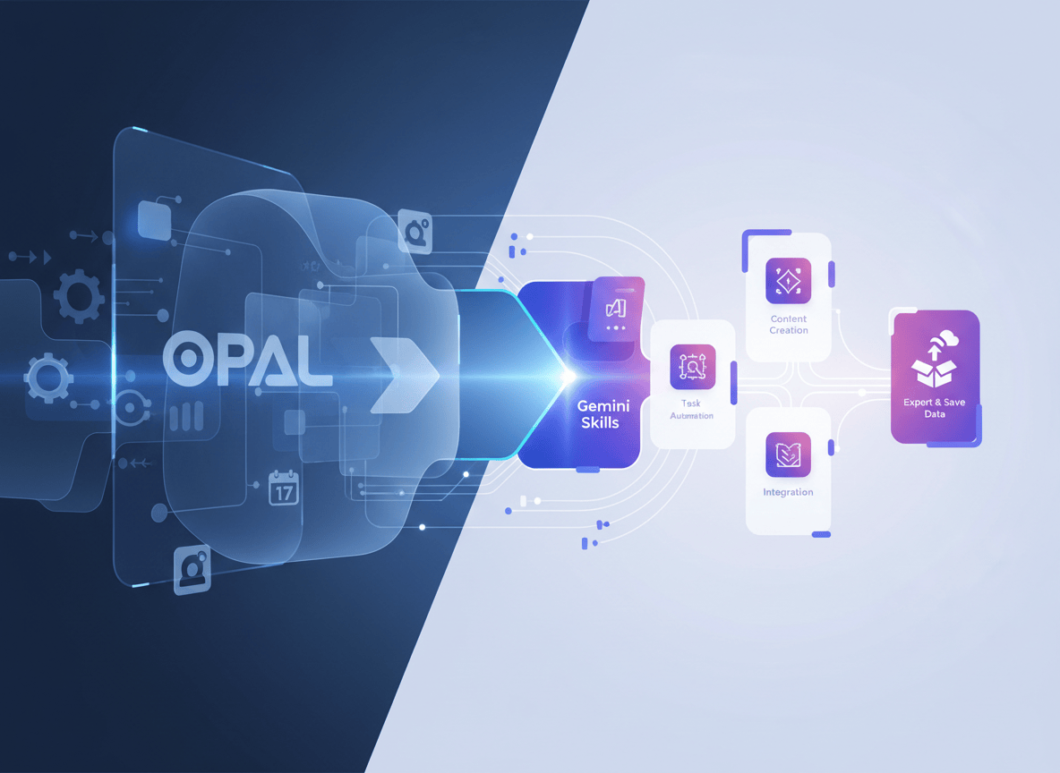 A polished editorial featured image for a technology blog post about Google shutting down Opal on November 17 and migrating workflows to Gemini Skills. Show a clear visual transition from an abstract blue, glassy automation workspace labeled subtly with generic symbols (no official logos or trademarked UI) into a bright, modern Gemini-inspired AI skills ecosystem represented by modular skill cards, connected nodes, and a forward-moving path. Include a small calendar motif suggesting November 17 and the idea of saving/exporting data. Professional, trustworthy, contemporary tech journalism aesthetic, blue, violet, and warm white palette, strong focal composition, no readable headline text, no logos, no people.