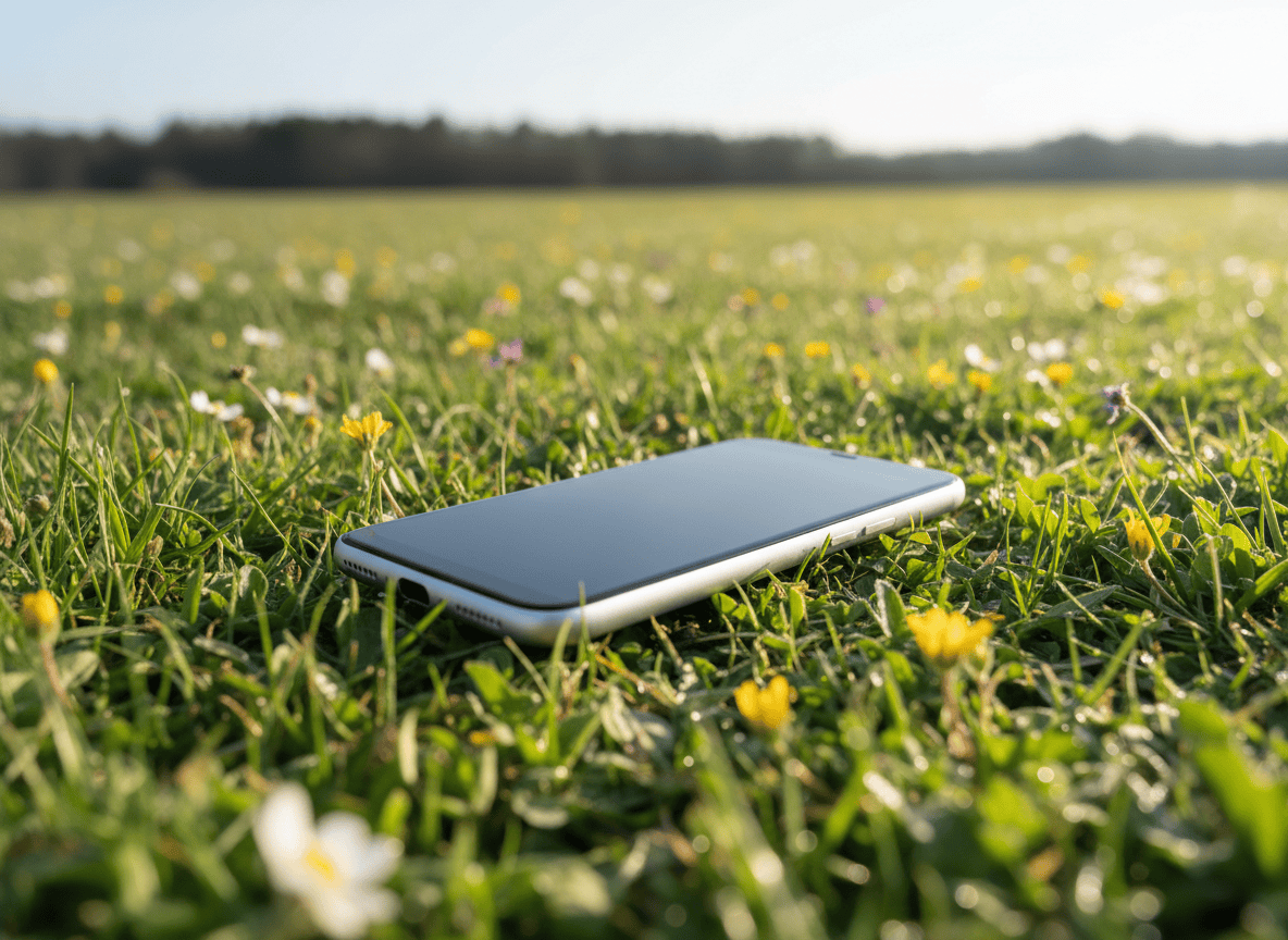 Editorial featured image for a blog review of the Meadow Phone, a $449 minimalist second smartphone that lets you leave your iPhone at home. Show a sleek compact modern phone resting in a sunlit meadow with soft green grass and wildflowers, subtle premium tech-review aesthetic, calm natural palette, realistic high-end product photography, landscape composition, no readable text, no logos, no brand marks.