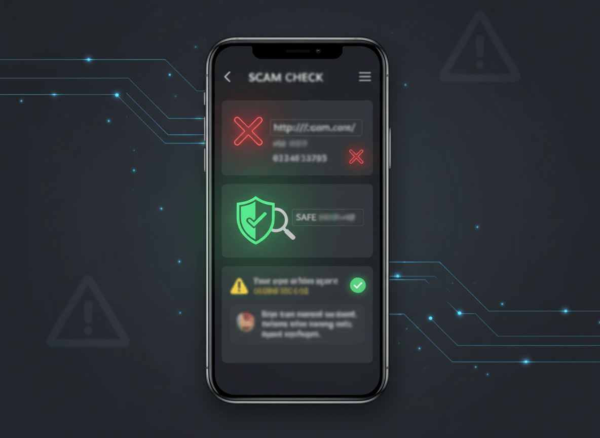 A professional, eye-catching featured image for a blog post titled “Truecaller Scam Checker: How to Check Any Suspicious Link, Number, or Message for Free.” Show a modern smartphone with a secure scam-checking interface, a suspicious link and phone number being inspected, shield and magnifying-glass security symbols, subtle warning accents, clean editorial tech-blog style, high contrast, no brand logos, no readable text, no people, suitable for a WordPress blog featured image.