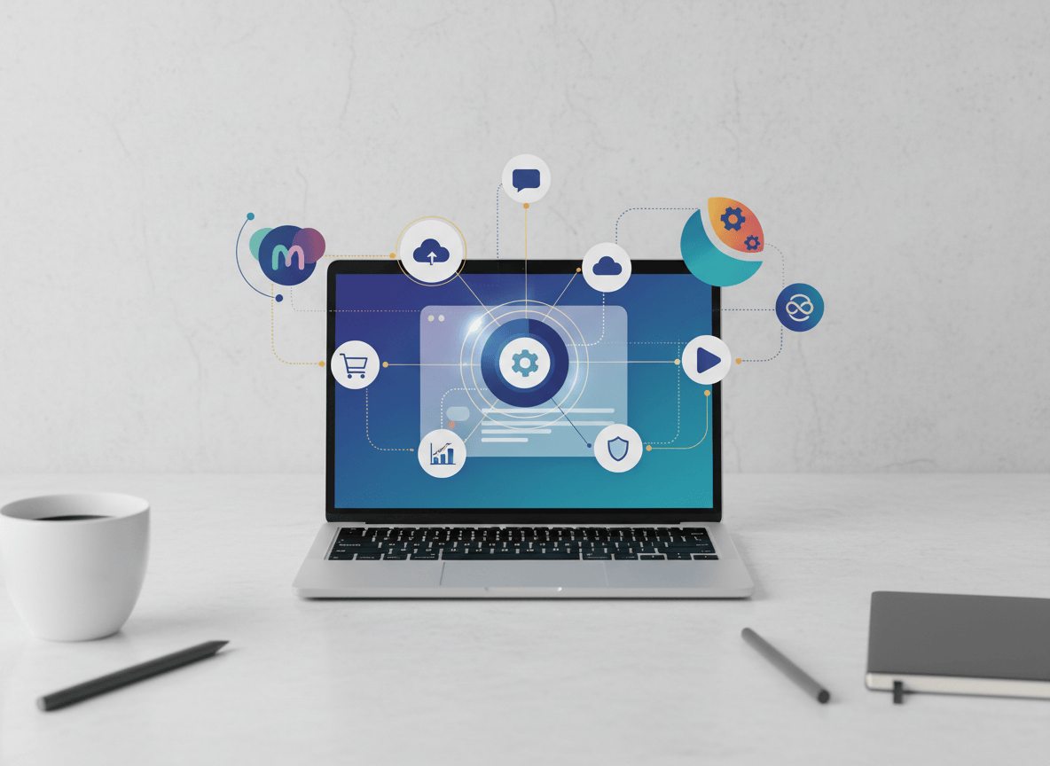 A polished editorial featured image for a blog post titled “Meta Muse for Small Business: What It Connects To and How to Set It Up.” Show an abstract, modern small-business technology ecosystem: interconnected app icons and nodes, subtle social media and automation motifs, a laptop or dashboard interface, clean workspace elements, and flowing connection lines. Professional, approachable, informative, contemporary brand photography mixed with tasteful digital illustration. No people, no women, no human figures, no faces, no portraits, no readable text or logos. Use a balanced composition with clear negative space, suitable for a WordPress blog featured image.