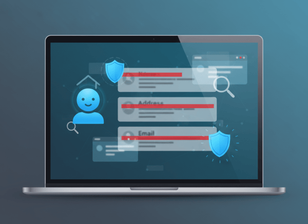 A professional editorial-style featured image for a blog post about using Claude AI to find exposed personal data online and file data removal requests. Show a laptop or abstract digital privacy dashboard with a friendly AI assistant symbol, redacted personal information, shield and magnifying glass motifs, subtle web search elements, and a calm trustworthy blue, teal, and charcoal palette. No readable text, no logos, no identifiable real person. Clean modern cybersecurity and privacy aesthetic, suitable for a technology blog.