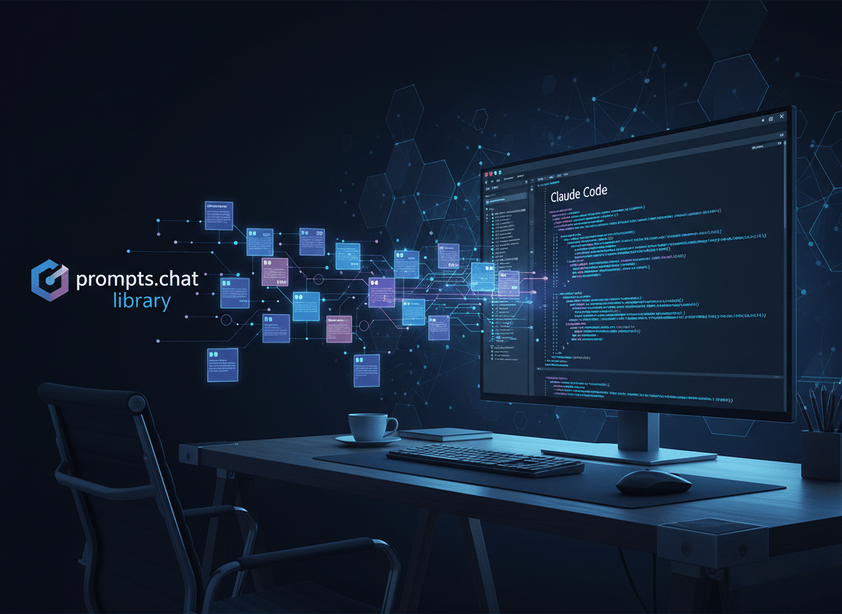 A polished editorial featured image for a blog post about connecting the free prompts.chat prompt library to Claude Code. Show a modern developer workspace with a glowing terminal window, organized prompt cards flowing from a web library into Claude Code, subtle AI motifs, clean dark navy and electric blue palette with warm violet accents, no readable text, professional technology blog aesthetic, strong composition with clear focal point, suitable for a landscape blog featured image.
