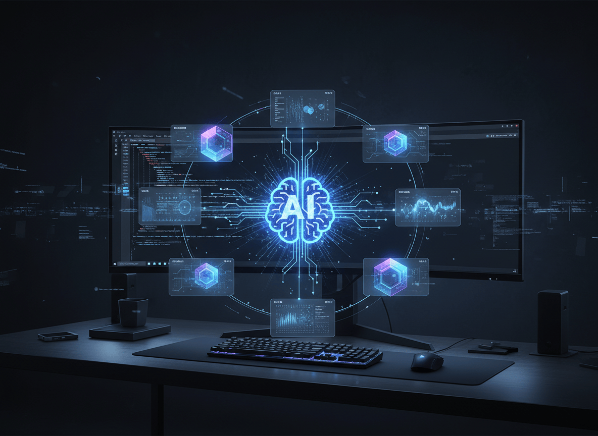 A polished editorial featured image for a technology blog post about five Claude Code plugins and skills. Show a dark, modern developer workspace with a glowing terminal window, abstract plugin modules and skill cards orbiting around a central AI coding assistant symbol, subtle code snippets, electric blue and violet accents, clean composition, high contrast, professional and trustworthy, no readable text, no logos, no brand marks.