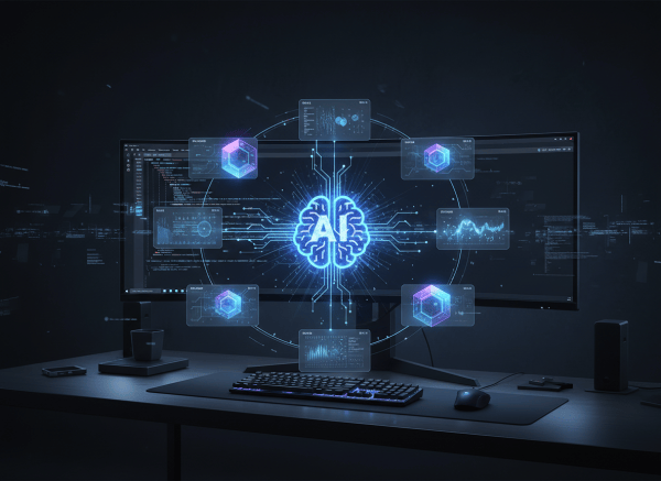 A polished editorial featured image for a technology blog post about five Claude Code plugins and skills. Show a dark, modern developer workspace with a glowing terminal window, abstract plugin modules and skill cards orbiting around a central AI coding assistant symbol, subtle code snippets, electric blue and violet accents, clean composition, high contrast, professional and trustworthy, no readable text, no logos, no brand marks.