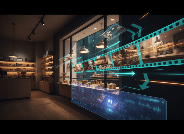 A cinematic editorial illustration for a blog post about turning a shop photo into a promotional video with Google Flow. Show a stylish small retail shop interior transitioning visually into a dynamic cinematic video scene: a storefront or product display, camera movement cues, film-strip or motion-blur elements, and a subtle AI video interface glow. Modern, polished, creative-tech aesthetic; warm shop lighting with cinematic teal and amber accents; no readable text, no logos, no watermarks. Designed as a compelling WordPress featured image.