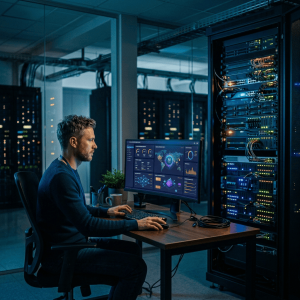 IT professional monitoring server racks and analytics dashboard in a data center