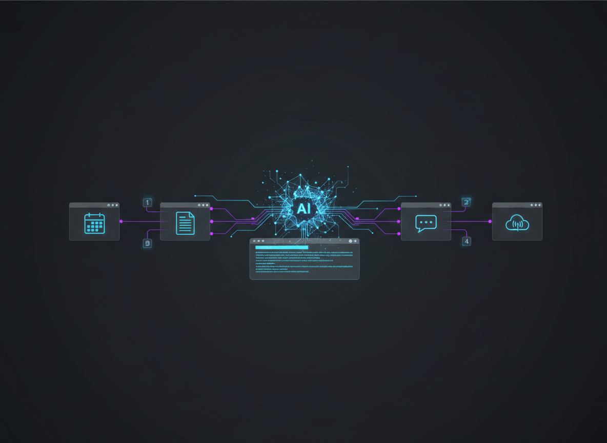 A polished editorial featured image for a technology blog post titled “CLI-Anything: How to Make Any App Work With Your AI Agent (Step by Step)”. Show a modern AI agent represented by a luminous abstract network or intelligent assistant interface connecting through a command-line terminal to multiple everyday software applications. Include subtle terminal prompts, modular app windows, automation pathways, and a clear step-by-step visual flow. Professional, futuristic but approachable, dark charcoal background with electric blue, cyan, and violet accents. No readable text, no logos, no brand names. Wide landscape composition with strong central focal point and space for blog-card cropping.