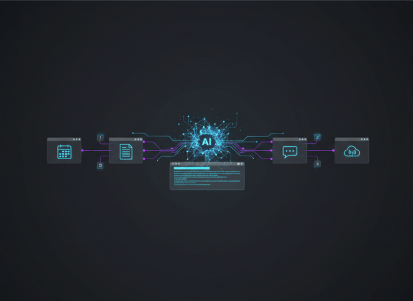 A polished editorial featured image for a technology blog post titled “CLI-Anything: How to Make Any App Work With Your AI Agent (Step by Step)”. Show a modern AI agent represented by a luminous abstract network or intelligent assistant interface connecting through a command-line terminal to multiple everyday software applications. Include subtle terminal prompts, modular app windows, automation pathways, and a clear step-by-step visual flow. Professional, futuristic but approachable, dark charcoal background with electric blue, cyan, and violet accents. No readable text, no logos, no brand names. Wide landscape composition with strong central focal point and space for blog-card cropping.